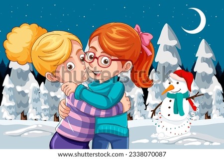 Two girls are embracing and kissing while standing in a winter outdoor scene with a snowman in the background
