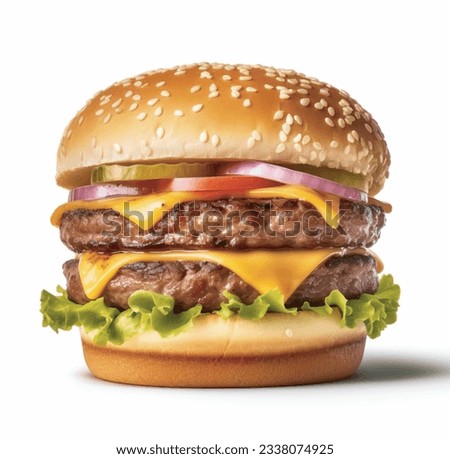 close up Natural juicy cheesy beef burger isolated on white background. Clipping path. Royalty-Free Stock Photo #2338074925