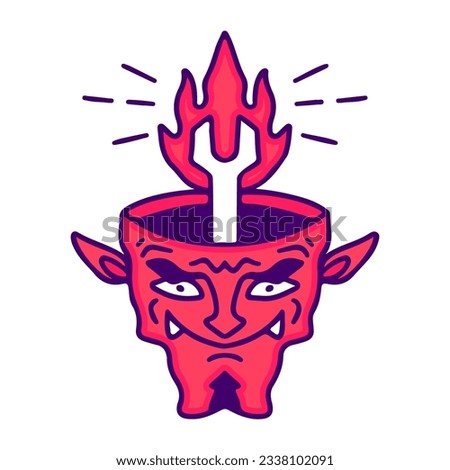 Devil head with flaming wrench inside, illustration for t-shirt, sticker, or apparel merchandise. With doodle, retro, and cartoon style.