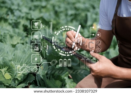 Agricultural technology farmer man using tablet computer analyzing data and morning image icon.