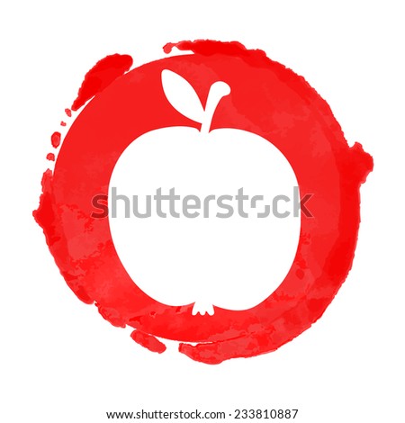 Watercolor circle paint stain and apple silhouette. Stamp,  icon isolated on a white background. Abstract art. Logo design