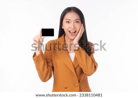 Asian business woman cute girl holding and showing empty business card or name card - for payment shopping online and - paying by credit card isolated on white background - business concept