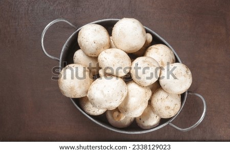 White Champignon Mushroom in a Basket.