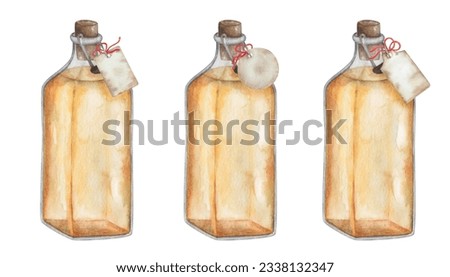 Watercolor set of illustrations. Hand painted yellow virgin olive oil in transparent glass square bottle with cork. Paper tag, label with red ribbon. Sunflower oil. Orange juice. Isolated clip art