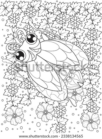 Magical Garden Coloring Page. Floral Background Coloring Page. Bug Insect Adult Coloring Page.