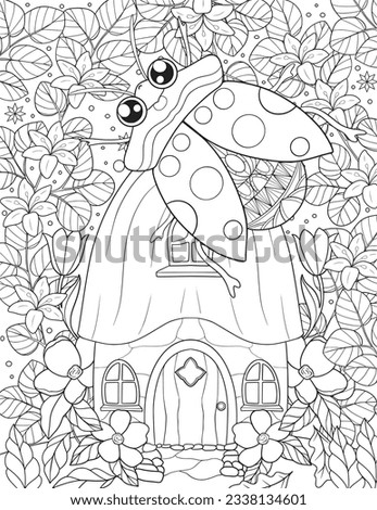Magical Garden Coloring Page. Floral Background Coloring Page. Bug Insect Adult Coloring Page.