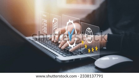 Businessman use laptops with Customer review satisfaction feedback survey concept, Users give a rating to service experience on the online application, service leading to reputation ranking business. Royalty-Free Stock Photo #2338137791