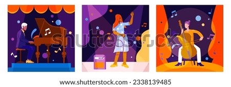 Young male sitting and playing on piano. Stylish female singing in microphone on stage. Female sitting and playing cello. Concept of creating music, hobby. Flat vector illustration in cartoon style Royalty-Free Stock Photo #2338139485