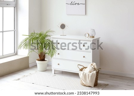 Chest of drawers and houseplant near big window