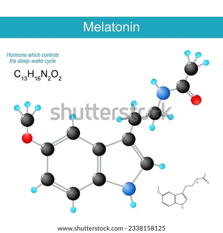 Melatonin molecule. molecular chemical structural formula and model of hormone that released in the brain at night which controls the sleep-wake cycle. Dietary supplement, medication