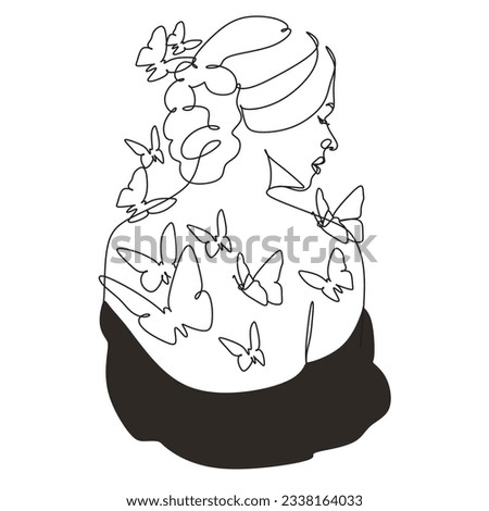 Abstract face with butterfly by one line drawing. Female body with butterfly. One line illustration. Vector.