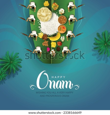 Kerala festival Happy Onam background with traditional food (onasadya) served on banana leaf. abstract Vector illustrationdesign. Royalty-Free Stock Photo #2338166649