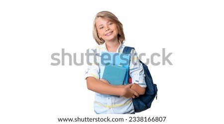 Middle school smiling teen boy girl backpack png isolated white background looking at camera holding books. Copy space for advertising blank  Back to school. Childhood, education, products children Royalty-Free Stock Photo #2338166807