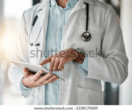 Health care, hands of doctor with tablet in hospital and research for medical website, online chart or schedule. Digital medicine, test results or healthcare worker with app for report or information Royalty-Free Stock Photo #2338170409