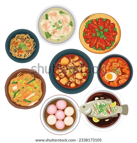 Groups of asian food on white background, vector