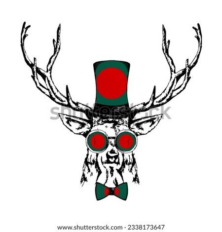 Deer drawn portrait. Patriotic sublimation in colors of national flag on white background. Bangladesh