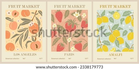 Set of Abstract Fruit Market retro posters. Trendy contemporary wall arts with fruit design in danish pastel colors. Modern naive groovy funky interior decorations, paintings. Vector illustrations Royalty-Free Stock Photo #2338179773