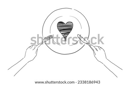 Line drawing of hands holding a fork and knife with heart