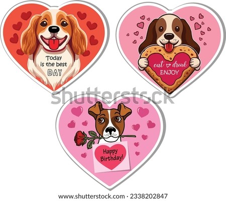 Set of stickers with cute happy dogs made in flat cartoon style. Heart shaped stickers. Perfect for logo, print and other projects.