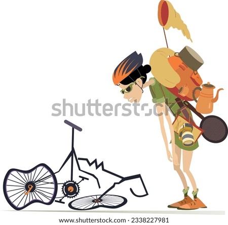 Cycling traveler young woman and broken bike illustration. 
Upset cyclist young traveler woman standing near a broken bicycle with down hands. Isolated on white background
