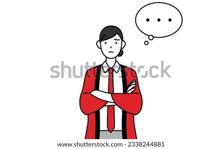 Woman wearing a red happi coat with crossed arms, deep in thought, Vector Illustration