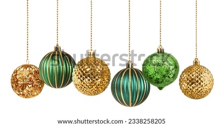 Set of six golden and green decoration Christmas balls collection hanging isolated Royalty-Free Stock Photo #2338258205