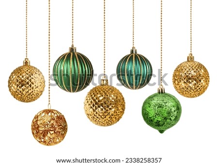 Set of seven golden and green decoration Christmas balls collection hanging isolated Royalty-Free Stock Photo #2338258357