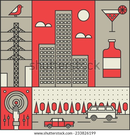 Vector illustration icon set of city: buildings, party, electricity, road, cocktail
