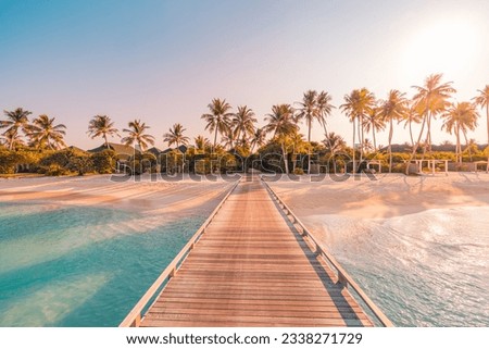 Amazing sunset panorama at Maldives. Luxury resort villas seascape with soft led lights under colorful sky. Beautiful twilight sky and colorful clouds. Beautiful beach background for vacation holiday Royalty-Free Stock Photo #2338271729