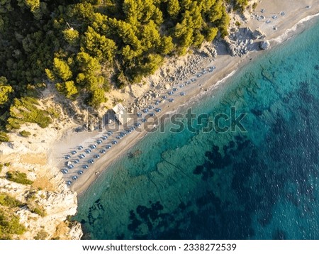 Elevated view of the south coast of the Greek island of Skopelos in the Sporades at Velanidia beach