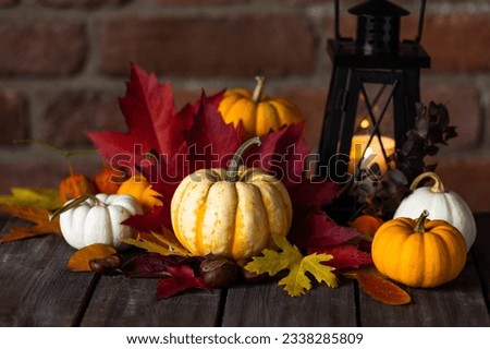 Cozy home fall composition with orange munchkin pumpkins, yellow and red leaves, black candle lantern on wooden background. Decoration for halloween or thanksgiving family dinner. Dark colours