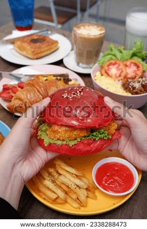 The picture of a nice burger in Purwokerto, Central Java, Indonesia. This photo was taken on July 27, 2023 by a professional. This photo contains a good burger