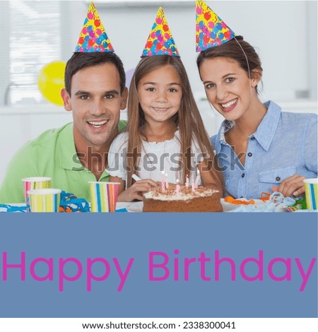 Composite of happy birthday text over happy biracial family in party hats at birthday party. Party, birthday and celebration concept digitally generated image.