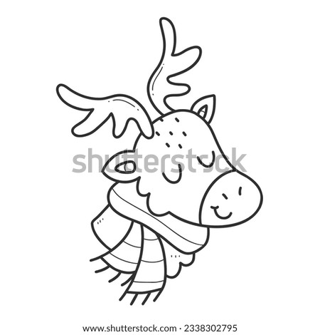 Deer doodle. A deer with a scarf in a linear style. Vector isolated illustration on a white background