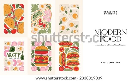 Food abstract elements. Food and healsy composition. Modern trendy Matisse minimal style. Restaurant and kitchen poster, invite. Vector arrangements for greeting card or invitation design