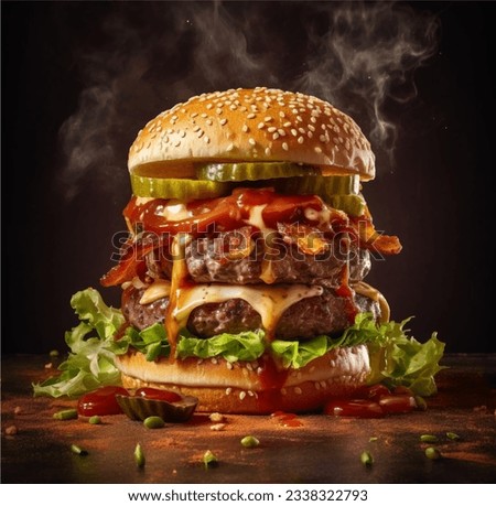 juicy beefy burger on flaming smoked dark background Royalty-Free Stock Photo #2338322793