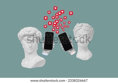 Two mobile phones with like symbols from social networks in male and female statue's hands on sage green color background. 3d trendy collage in magazine style. Modern creative design. Dating site, app