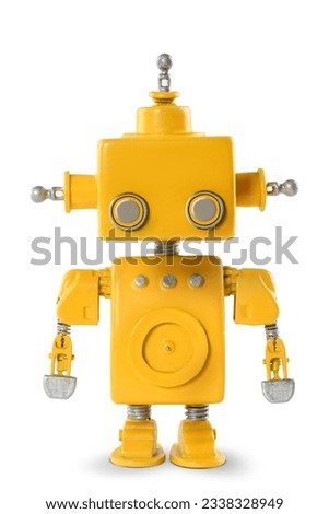 A delightful handmade miniature robot model with a 1960s retro design, featuring a charming yellow color. The background is pure white, enhancing the robot's adorable appeal Royalty-Free Stock Photo #2338328949