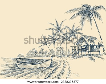 Beach drawing, empty wooden boat on shore, a small wooden house and palm trees Royalty-Free Stock Photo #2338335677