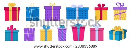 Gift boxes with ribbon and bow in a flat design. Present box, prize, gift for holiday, celebration, party. Vector gift, present boxes Royalty-Free Stock Photo #2338336889