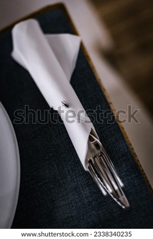 Vertical picture of a bug (grasshopper) standing on some tableware during a dinner night
