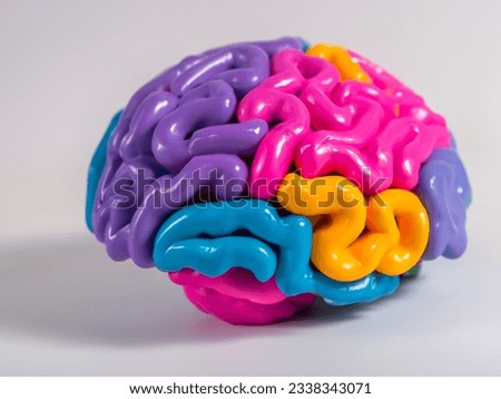 Brain made of colorful plastic material against white background