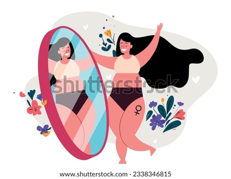Plus size girl looks at herself in a mirror, body acceptance and love concept, vector illustration. Royalty-Free Stock Photo #2338346815