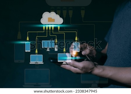 Share file folder on the cloud is sharing data via internet cable to host, online database service system, information technology networking concept, copy space for individual text or presentation