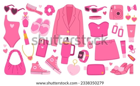 Barbiecore set. Pink trendy set, pink doll aesthetic accessories and clothing. Vector illustration Royalty-Free Stock Photo #2338350279