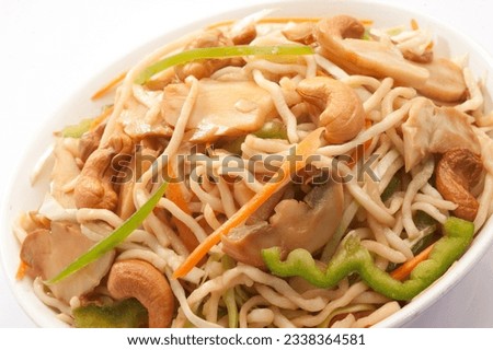 Mushroom noodles. Is a popular Chinese-Japanese delicacy all over Japanese. Arabic, Chinese cuisine pictures, isolated on White background.
