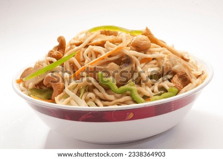 Mushroom noodles. Is a popular Chinese-Japanese delicacy all over Japanese. Arabic, Chinese cuisine pictures, isolated on White background.