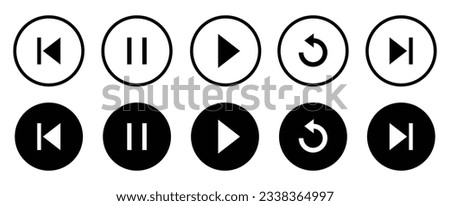 Music player icons: play, pause, resume, fast forward, rewind, replay, repeat in black outline and black circle. Pause play icons set isolated premium design. Royalty-Free Stock Photo #2338364997
