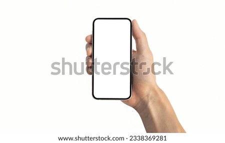 Concept for brochure and advertisement. Man holding a phone with his right hand, isolated on white background, after some edits. Royalty-Free Stock Photo #2338369281