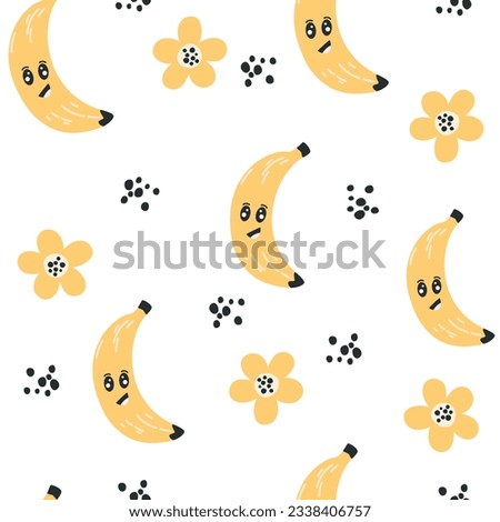 Banana character seamless pattern. Banana with smiley face and flowers. Creative texture for fabric, packaging, textiles, wallpaper, clothing. Vector illustration for kids. Cute fruit background
